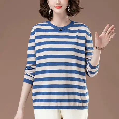 条纹针织打底衫女秋冬季新款宽松加大码女装中年妈妈内搭毛衣长袖商品大图