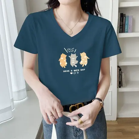 蓝色短袖夏季t恤女V领上衣ins潮2022年夏季新款正肩显瘦宽松体恤商品大图