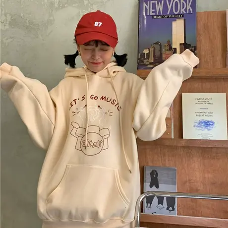 冬装新款韩版原创设计卡通加绒加厚宽松ulzzang盐系连帽卫衣女ins商品大图