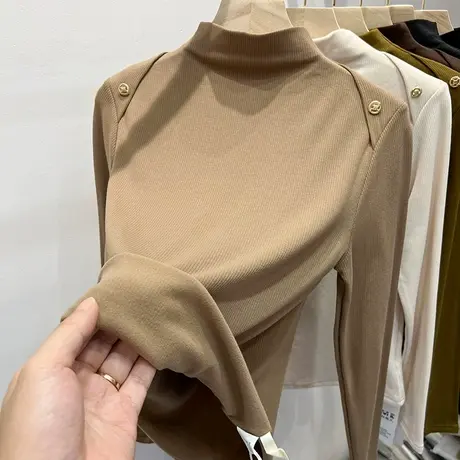 半高领纽扣坑条加磨毛薄绒长袖T恤女2022秋冬新款洋气打底衫上衣商品大图