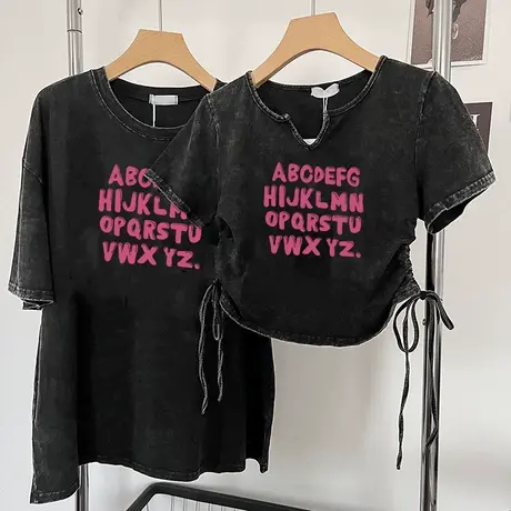 美式复古水洗做旧纯棉抽绳短袖T恤女夏装设计感小众短款半袖上衣图片