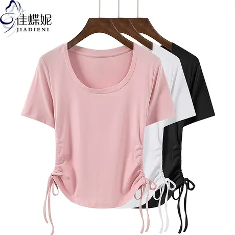夏季新款韩版圆领抽绳修身纯欲纯棉纯色短袖体恤上衣内搭女打底衫商品大图