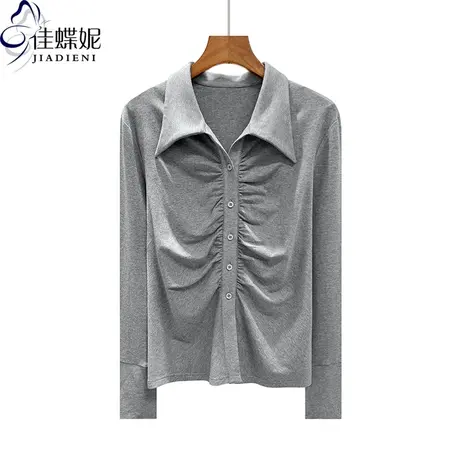 春秋新款翻领纯色纯棉开衫袖口开叉长袖体恤上衣女衬衫POLO衫T恤商品大图