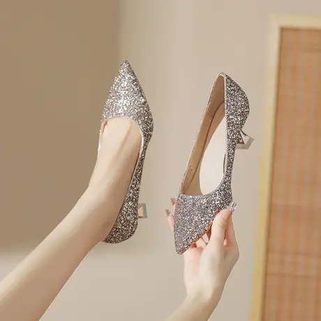 尖头细跟单鞋2024年夏季新款闪闪发光法式气质宴会鞋配裙子不累脚商品大图