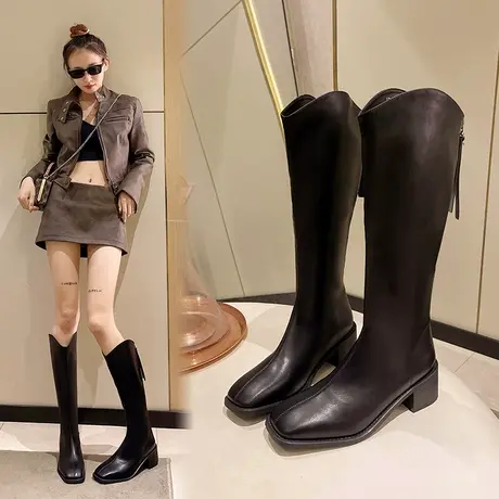 V口高筒靴子女2024新款秋冬中筒不过膝粗腿胖mm大筒围长筒骑士靴图片