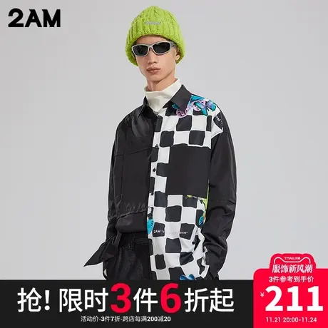 卡宾潮牌2AM棋盘格设计感宽松落肩黑色衬衫商品大图