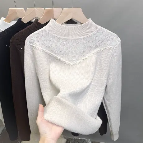 一体绒半高领毛衣女加绒厚打底衫2023秋冬新款蕾丝针织衫内搭上衣商品大图