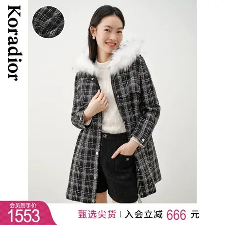 珂莱蒂尔貉子毛领格纹派克服女中长款加厚保暖御寒时尚减龄外套图片