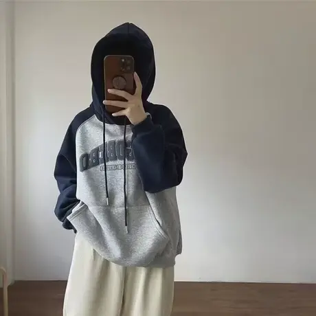 设计感拼色插肩袖连帽卫衣女春秋薄款宽松韩版长袖帽衫上衣服外套商品大图