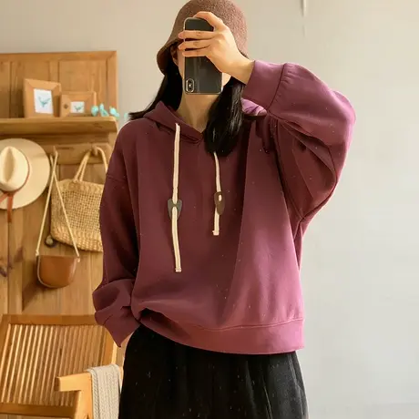 dza 复古复合宝宝绒加绒卫衣外套女士冬季纯色加厚连帽抽绳上衣女商品大图