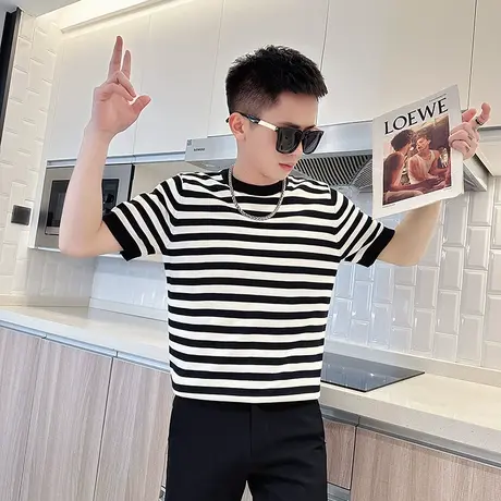 夏季潮男拼接条纹设计感短袖上衣t恤新款修身潮牌休闲半截袖体恤商品大图