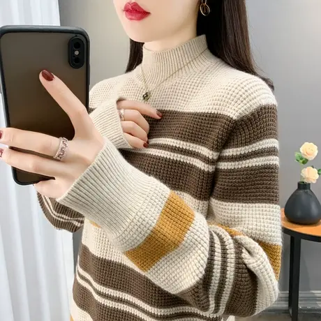 半高领条纹毛衣女款新款冬季爆款高级感超好看加厚内搭针织打底衫商品大图