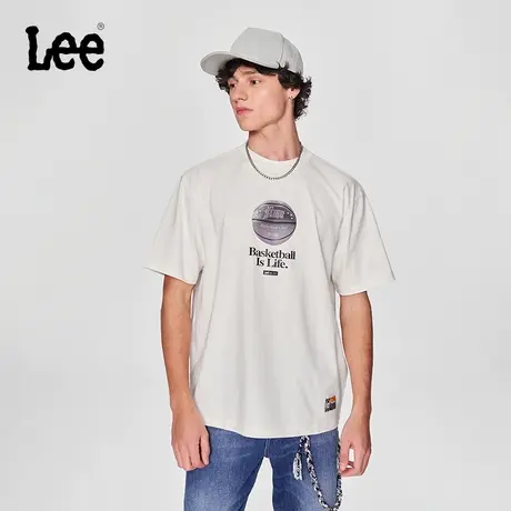 Lee24早春新品舒适版篮球元素设计图案米白色圆领男短袖T恤休闲潮图片