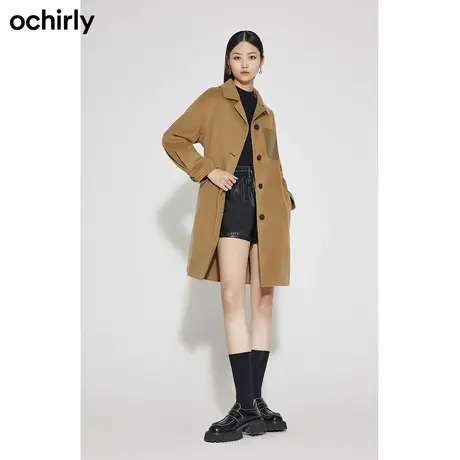 【呼呼严选专享】欧时力羊毛呢大衣新款冬西装领皮牌腰带长款外套商品大图