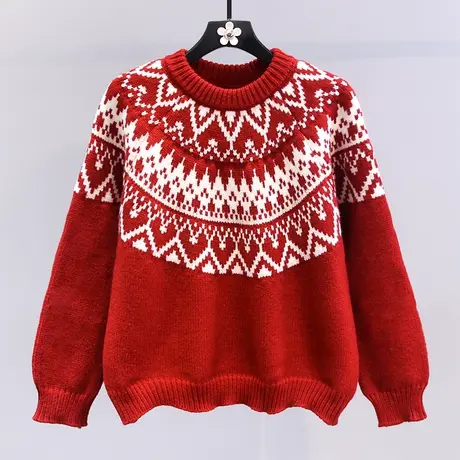 复古新年红色毛衣女冬季2024新款宽松慵懒风加厚套头针织衫上衣图片