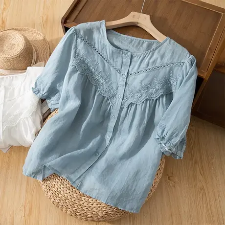 享永子短袖刺绣棉麻上衣女圆领衬衫棉麻T恤文艺复古2023夏季新款图片