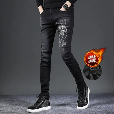 高端烫钻牛仔裤男款修身小脚2023新款黑色潮牌弹力百搭休闲裤子男商品大图