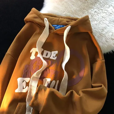 发泡字母印花卫衣套头外套男秋冬新款美式宽松休闲情侣连帽上衣服商品大图