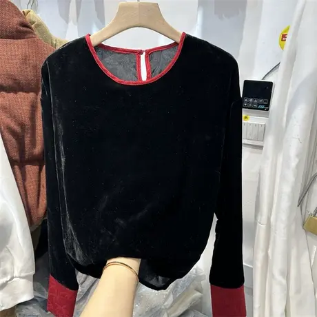 新中式圆领撞色袖口金丝绒长袖衬衫女2024春季新款高级百搭打底衫图片