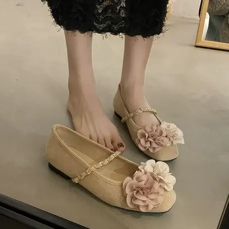 2024春夏新仙女风方头玛丽珍鞋女绒面软平底一脚蹬法式晚风单鞋女商品大图