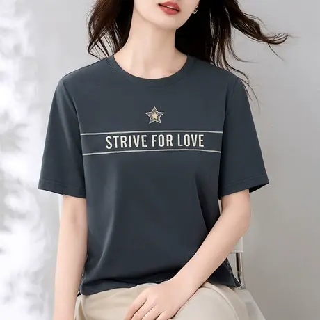 圆领纯棉t恤女夏装短袖2024年新款时尚重工刺绣上衣百搭半袖体恤商品大图