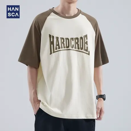 hansca 重磅短袖t恤男夏季新款复古半袖宽松撞色字母插肩袖上衣潮商品大图
