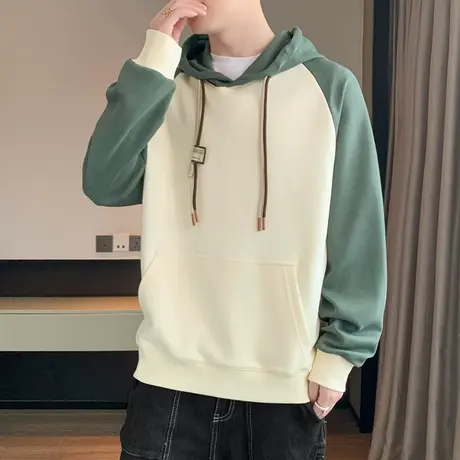 连帽卫衣男2023秋季新款宽松休闲百搭纯色拼接打底衫长袖上衣体恤图片