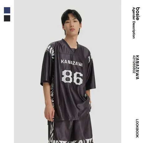 【群聊专享】bosie 2022年夏季新款短袖T恤男情侣橄榄球T恤商品大图