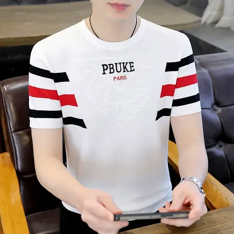 冰丝凉感夏装短袖男t恤潮流圆领刺绣提花针织薄款半袖休闲上衣服图片