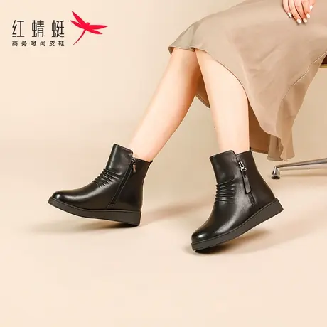 红蜻蜓真皮厚底马丁靴女冬季单靴2024年新款加绒黑色靴子保暖短靴商品大图