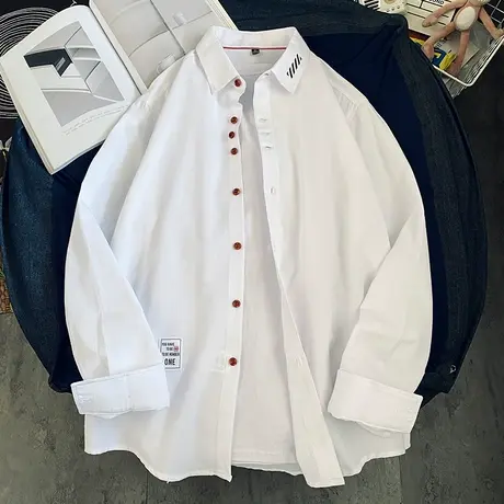 休闲长袖衬衫男士2023新款潮牌潮流春秋季男装薄款白色衬衣外套商品大图