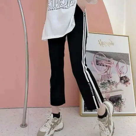 微喇叭裤女春夏薄款修身显瘦弹力开叉九分裤小个子休闲高腰运动裤图片