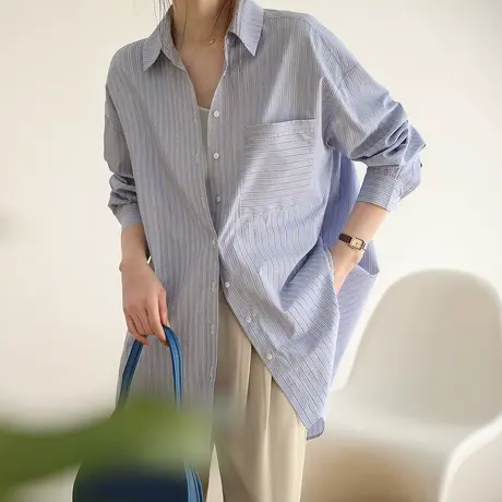 2023年春季新款条纹衬衫女设计感小众宽松衬衣外穿法式通勤上衣女商品大图