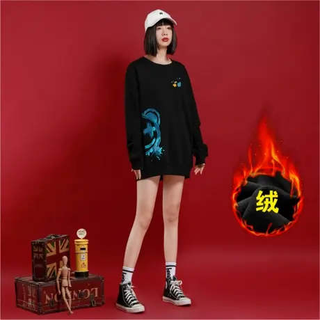 Ohlyah卫衣女秋冬2023新款情侣装加绒套头长袖宽松保暖圆领中长款商品大图