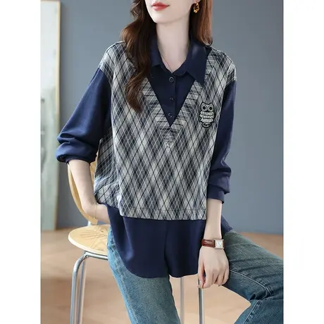 宝诗黎格子针织拼接假两件衬衫长袖套头衬衣2023秋季新款宽松上衣商品大图