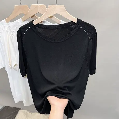 圆领钉珠冰丝针织衫女2023春夏秋新款宽松上衣薄款外搭中袖t恤衫商品大图