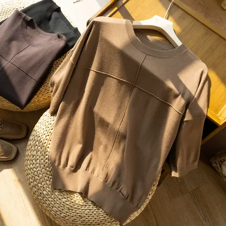 短袖针织套头衫宽松显瘦打底衫百搭复古T恤上衣纯色2022春季新款图片