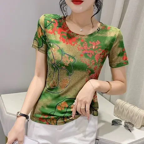 冰丝网纱上衣女短袖2023夏季新款烫钻印花圆领t恤小衫ins洋气丅恤商品大图