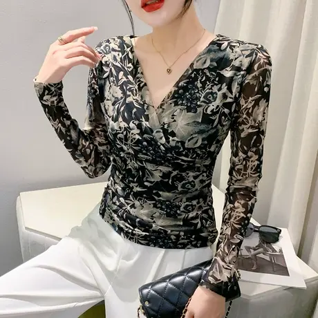 初秋性感网纱打底衫女内搭气质复古印花上衣时尚修身V领T恤长袖潮商品大图