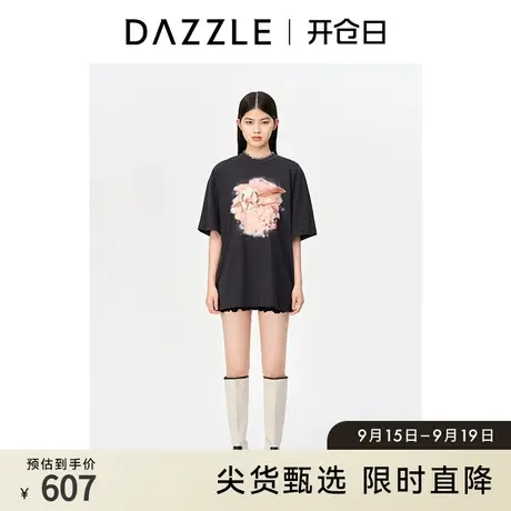 DAZZLE地素奥莱 春季黑色小众宽松印花立体刺绣短袖T恤上衣女商品大图