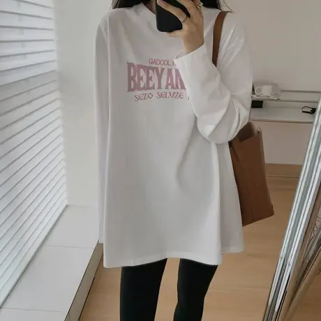 2023年秋冬新款小众百搭纯棉白色美式百搭宽松圆领长袖内搭T恤女商品大图