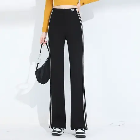 黑色微喇休闲女裤秋季2023新款高腰显瘦宽松遮胯小个子弹力直筒裤图片