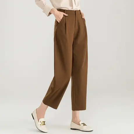 棕色裤子女小个子镰刀裤2023新款羊毛女裤休闲九分裤哈伦裤灯笼裤商品大图