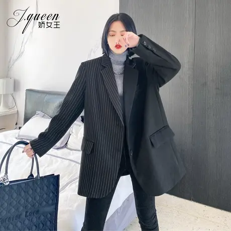 小西装外套女秋季宽松显瘦复古休闲气质bf小众设计感拼接条纹西服图片