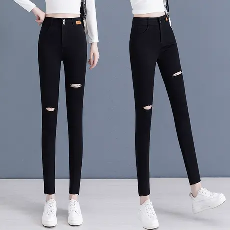 高腰小脚牛仔裤女2023新款小个子外穿紧身裤弹力显瘦破洞铅笔裤潮图片
