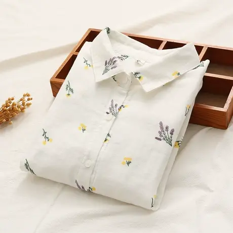 春秋季日系文艺小清新碎花双层纱纯棉长袖衬衫女学生宽松百搭上衣图片