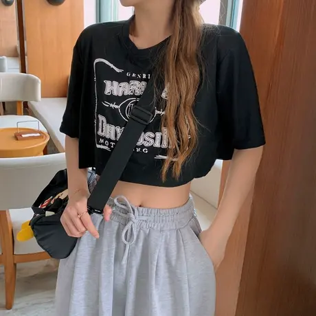 chic港味短袖t恤女夏季宽松韩版ins设计感小众高腰短款露脐上衣服商品大图