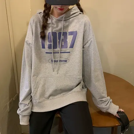 vintage连帽卫衣女春秋薄款外套宽松韩版原宿风百搭oversize上衣图片