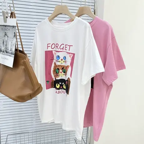中长款t恤女短袖春夏新款洋气时尚猫咪印花宽松大码减龄tee上衣图片