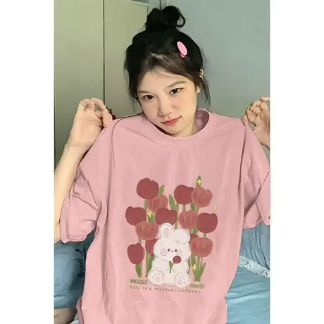 纯棉设计感郁金香短袖t恤女夏季2023年新款小众宽松半袖粉色上衣商品大图